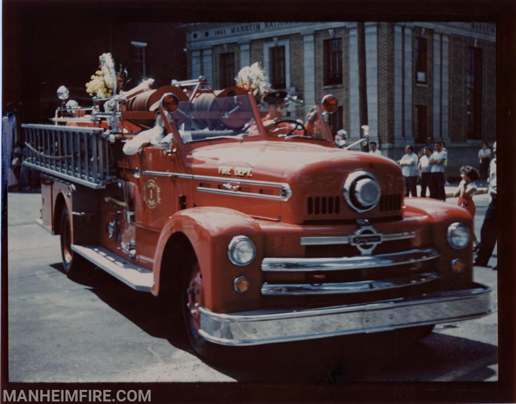 1954 Seagrave Series 530-B pumper, purchased for $16,842, to replace 1932 Reo fire engine. 750 gpm triple action, combination pump, 300 gallon water tank. Arrived in July 1954. Sold to Rothsville Volunteer Fire Company in 1971 for $2,501.83. 